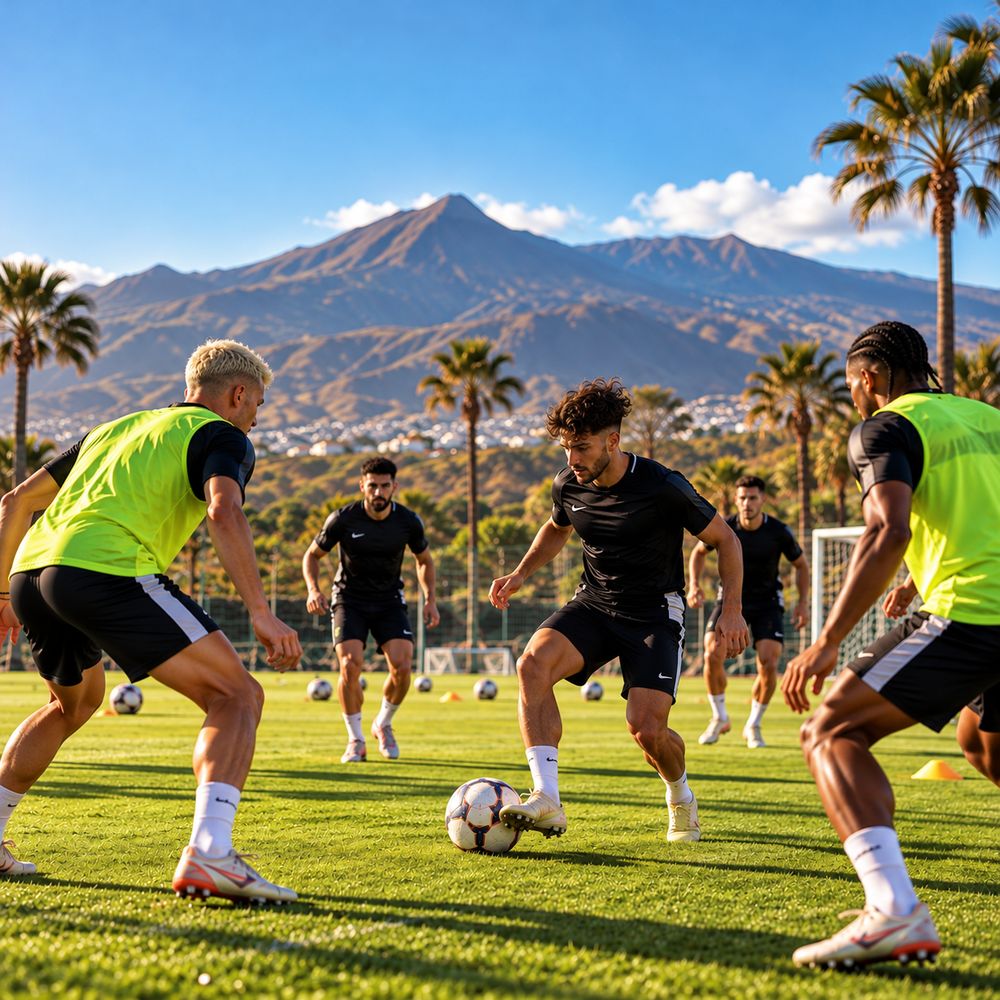 Football training on a grass pitch with Mount Teide behind