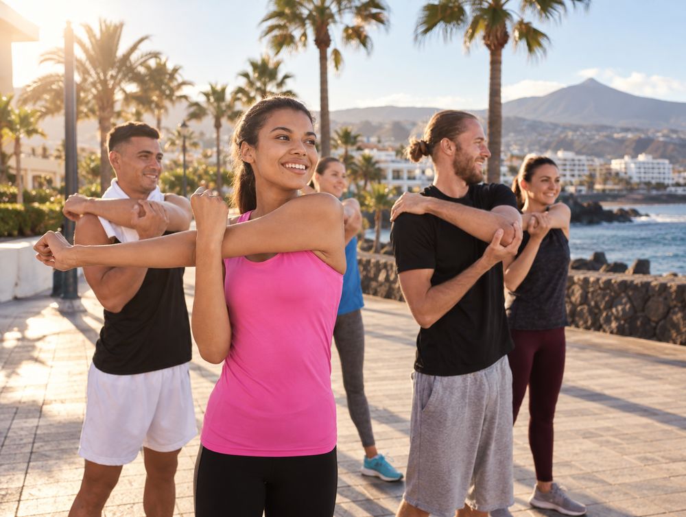 Group stretching on the Tenerife seafront promenade