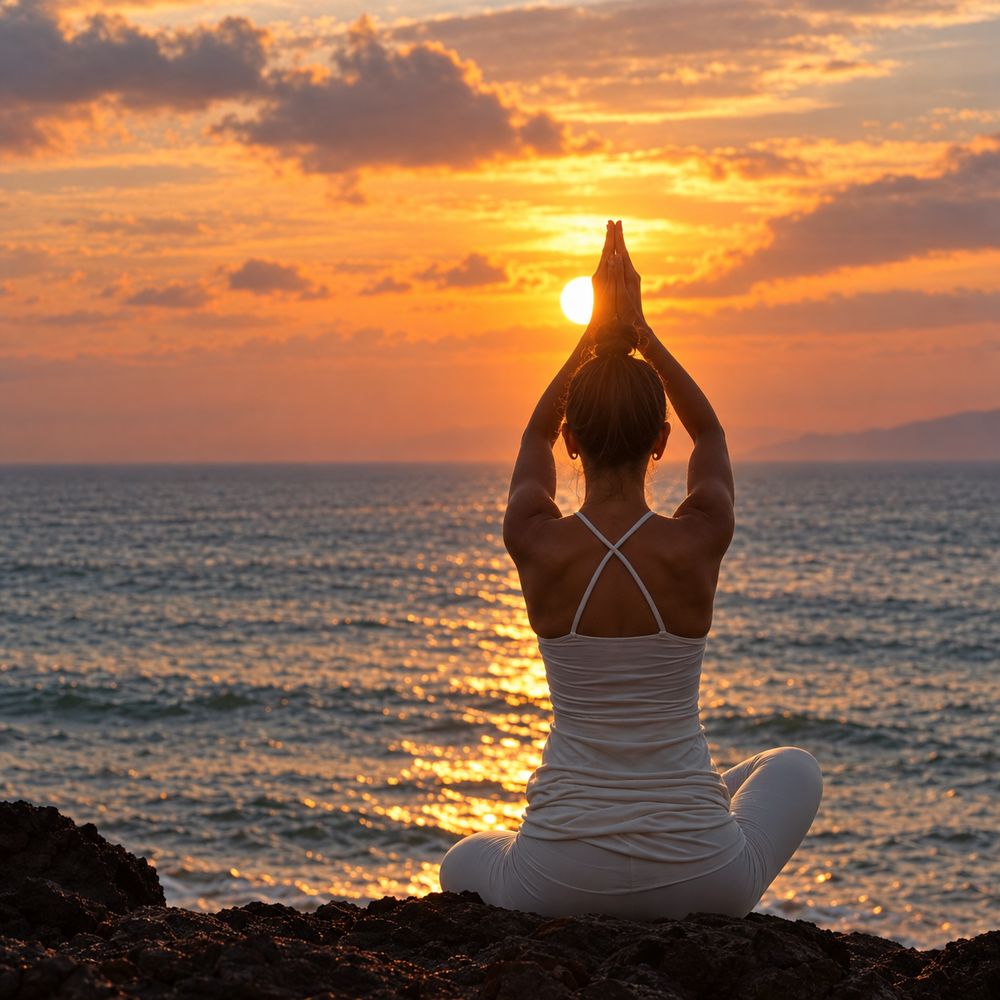 Woman meditating at sunset on volcanic rocks by the ocean